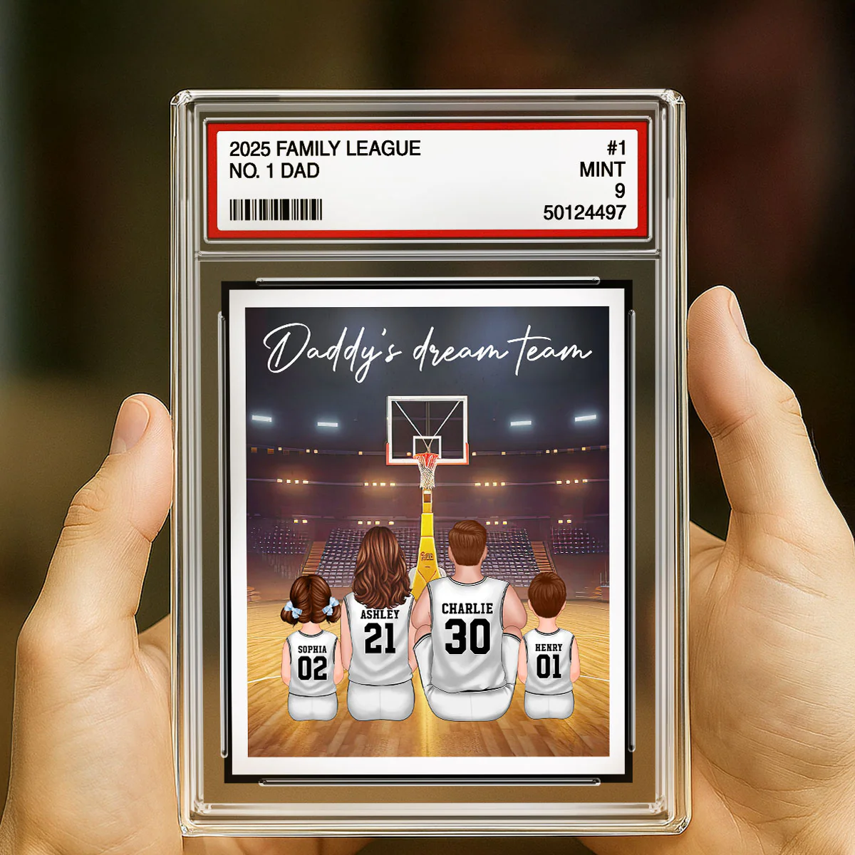Basketball Daddy's Dream Team No. 1 Dad Man & Kids Sitting Trading Card Style - Personalized Acrylic Block Plaque - Image 5