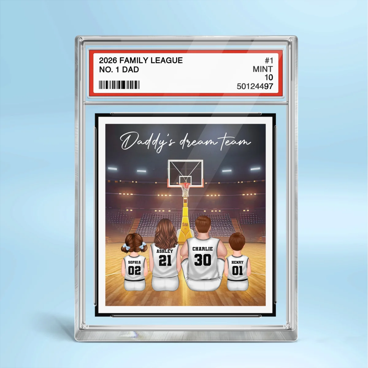 Basketball Daddy's Dream Team No. 1 Dad Man & Kids Sitting Trading Card Style - Personalized Acrylic Block Plaque - Image 8