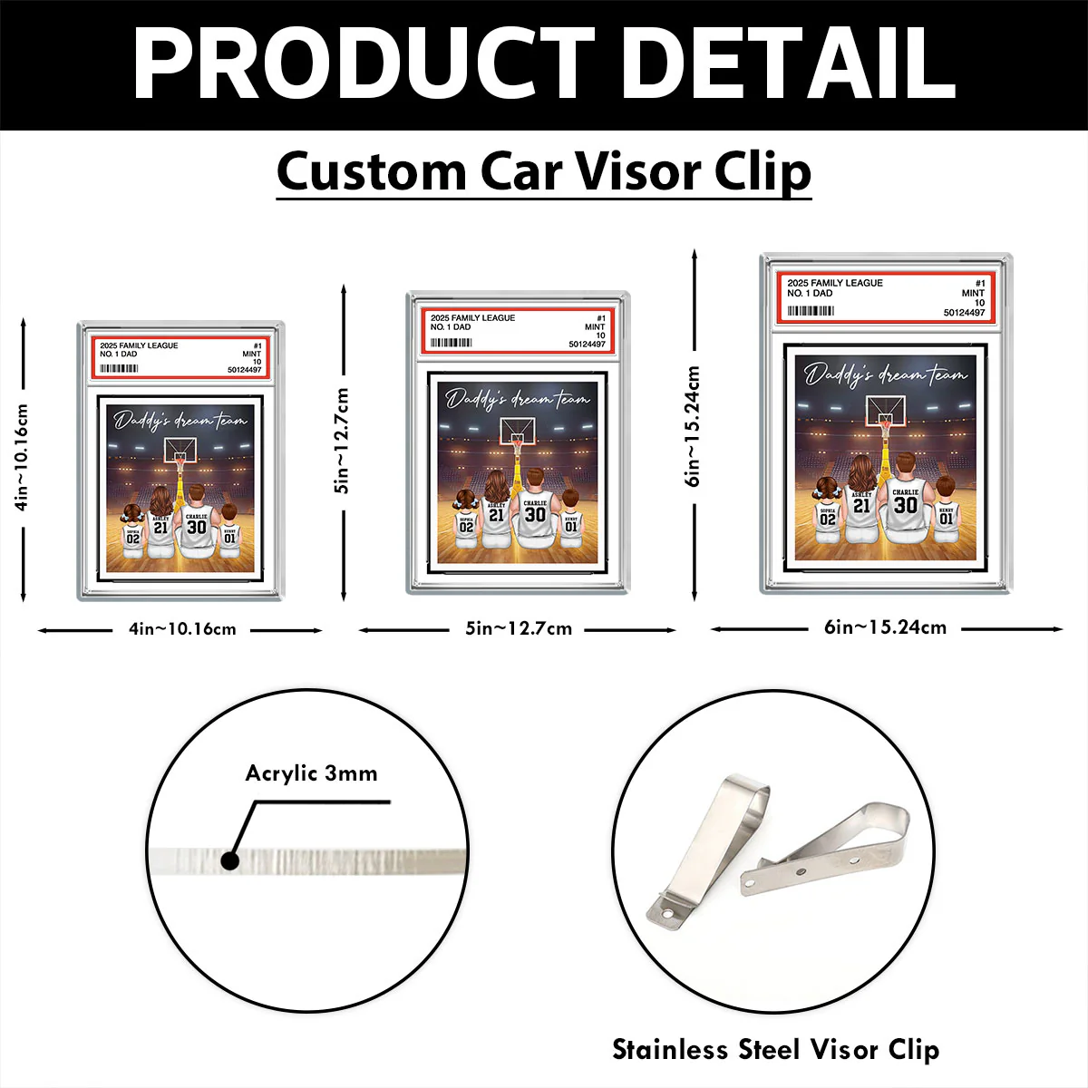 Basketball No. 1 Dad Man & Kids Sitting Trading Card Style Personalized Acrylic Car Visor Clip - Image 7