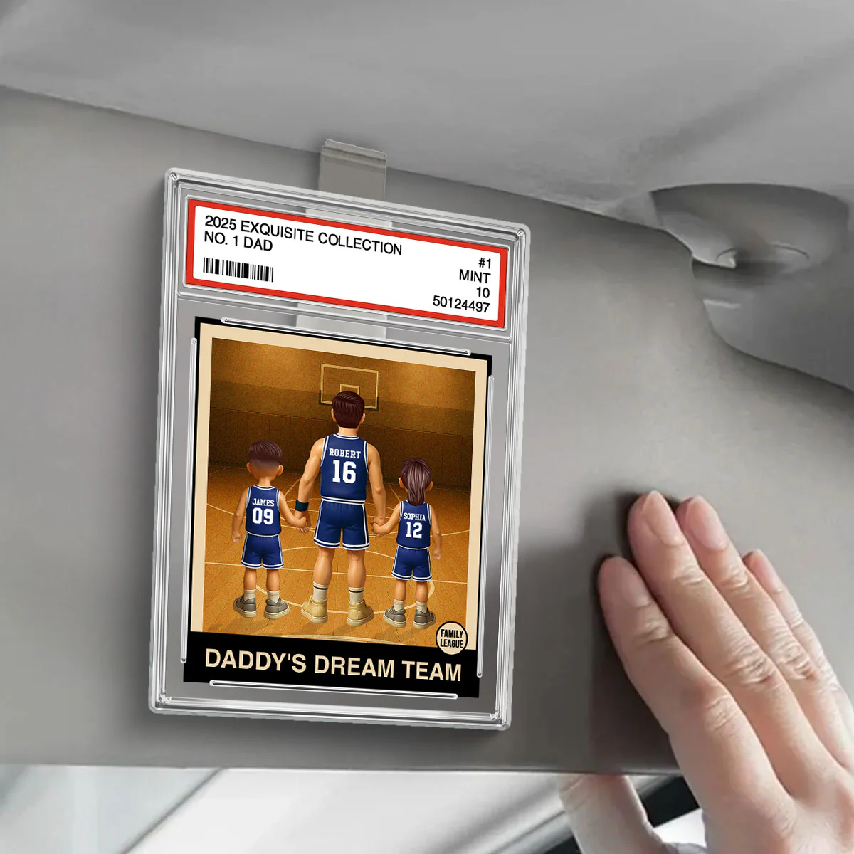 Basketball No. 1 Dad Man & Kids Trading Card Style Personalized Acrylic Car Visor Clip - Image 2