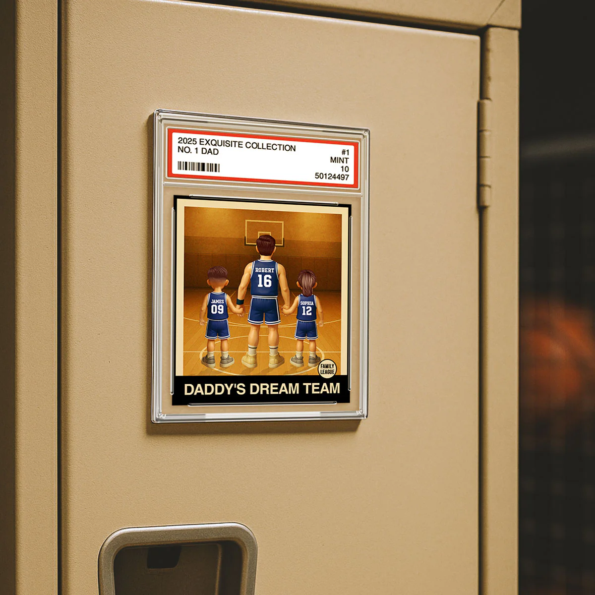 Basketball No. 1 Dad Man & Kids Trading Card Style Personalized Acrylic Fridge Magnet - Image 3