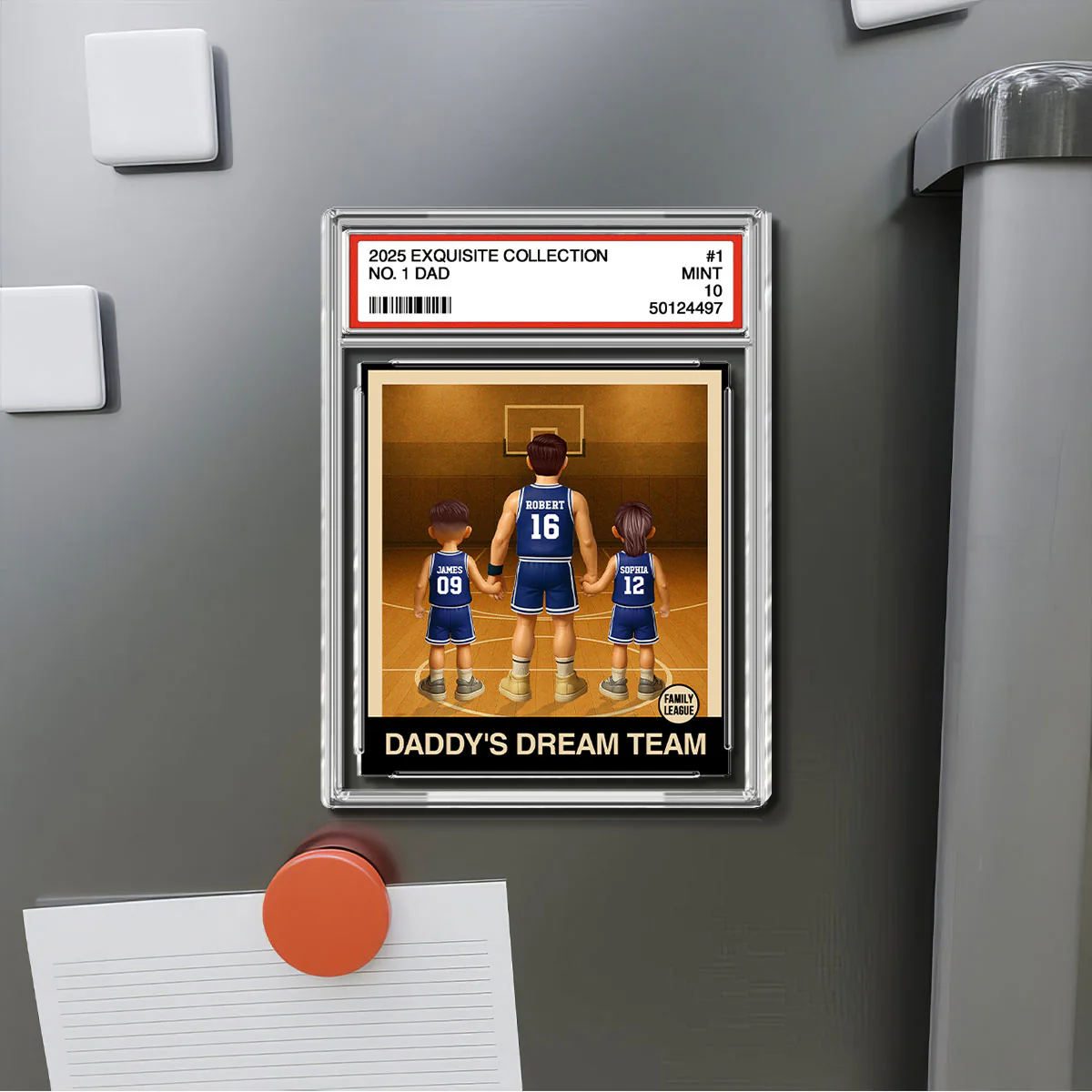 Basketball No. 1 Dad Man & Kids Trading Card Style Personalized Acrylic Fridge Magnet - Image 4