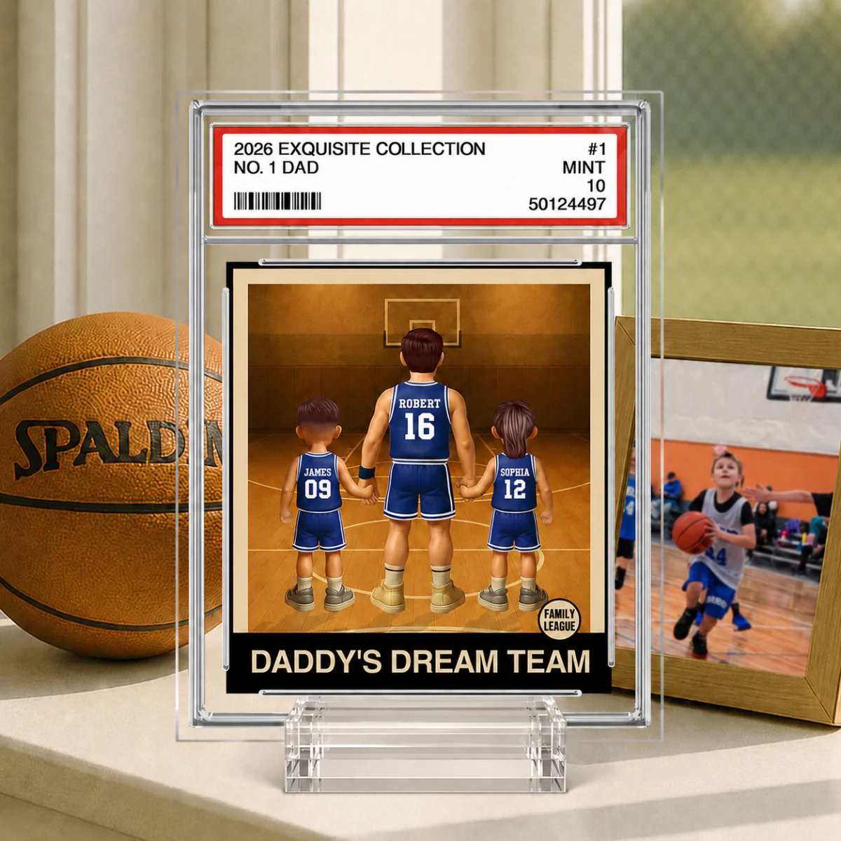 Basketball No. 1 Dad Man & Kids Trading Card Style Personalized Acrylic Plaque - Image 2