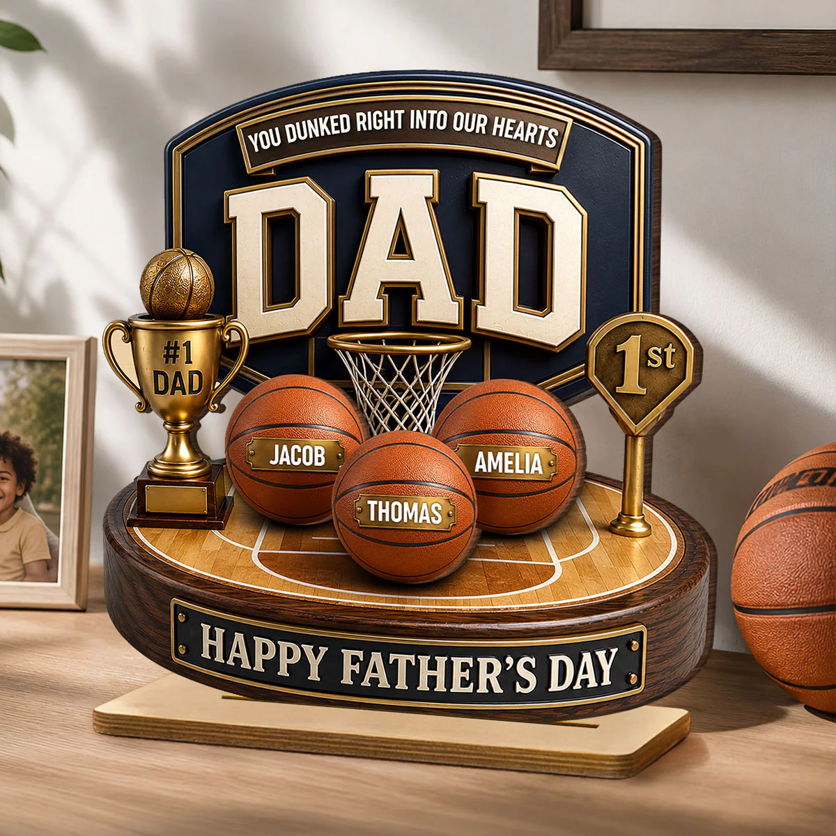 Basketball Trophy You Dunked Right Into Our Hearts - Personalized 2-Layered Wooden Plaque - Gift For Dad, Husband - Image 2