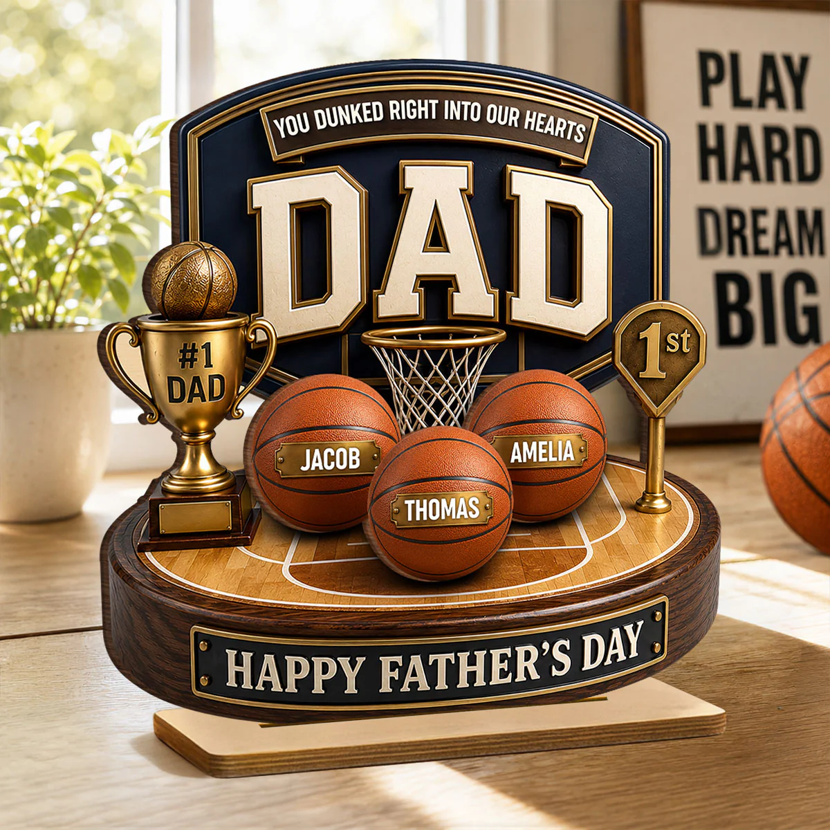 Basketball Trophy You Dunked Right Into Our Hearts - Personalized 2-Layered Wooden Plaque - Gift For Dad, Husband - Image 5