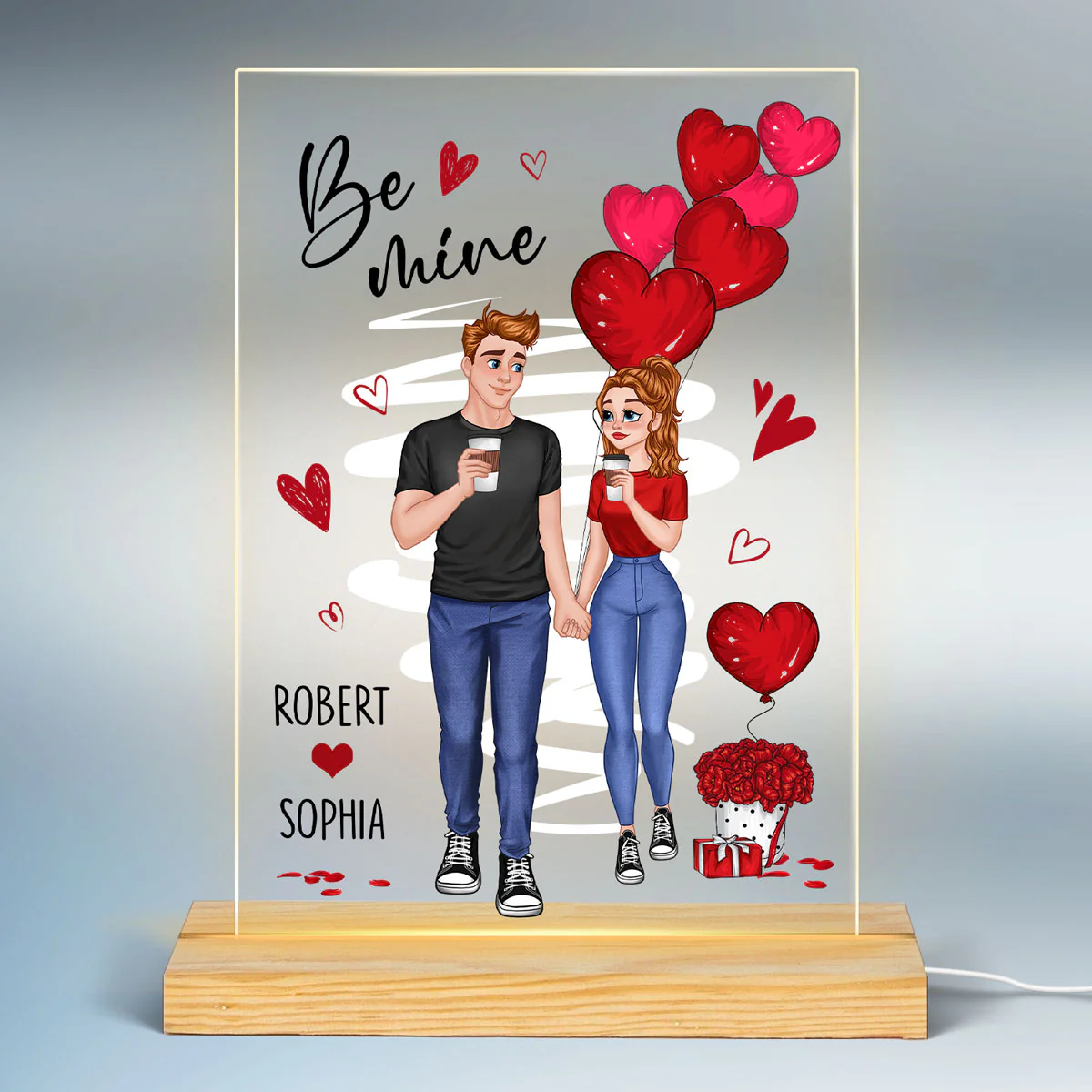 Be Mine Cartoon Couple Hand In Hand Balloon Personalized Rectangle Acrylic Plaque With LED Night Light - Image 2