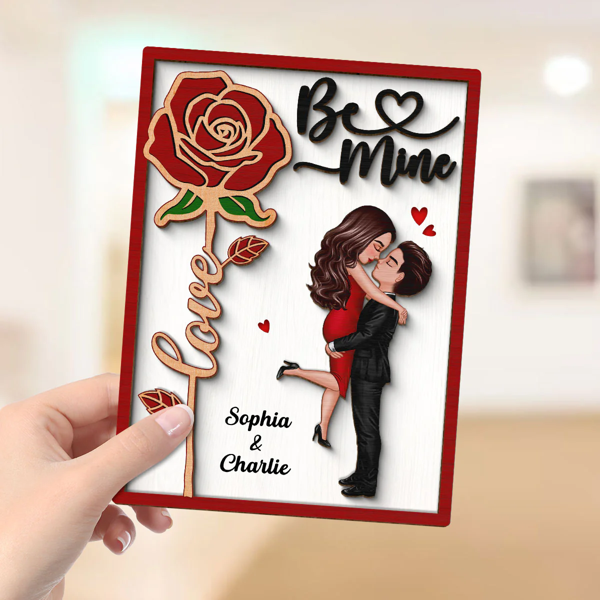 Be Mine Couple Hugging Kissing Rose Valentine‘s Day Gift For Him For Her Personalized 2-Layer Wooden Plaque - Image 4
