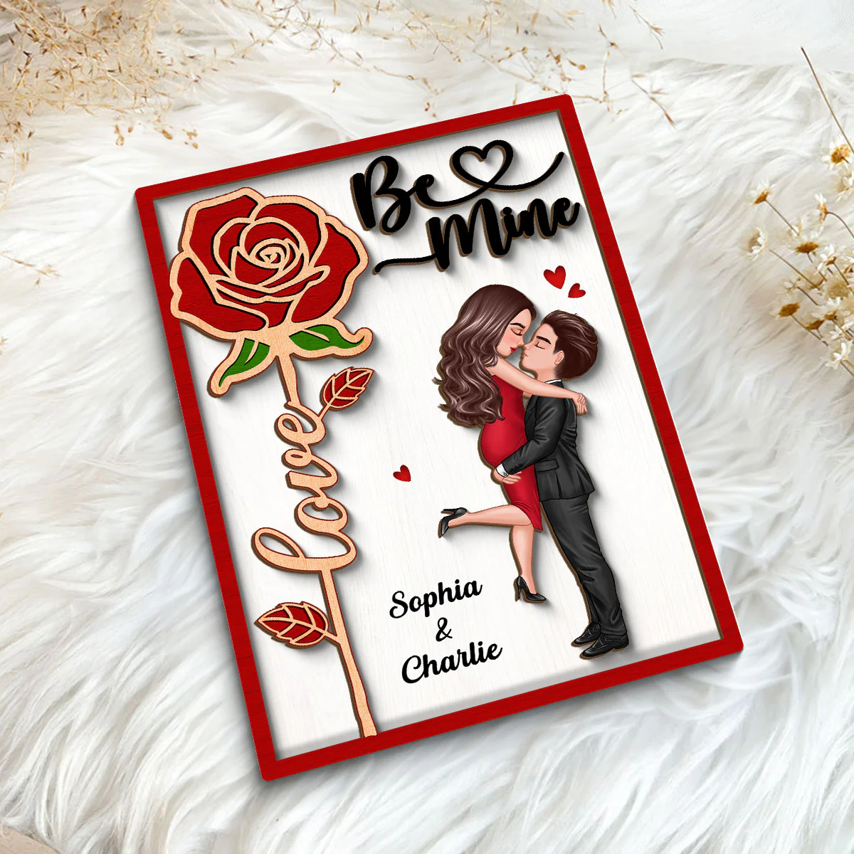 Be Mine Couple Hugging Kissing Rose Valentine‘s Day Gift For Him For Her Personalized 2-Layer Wooden Plaque - Image 5