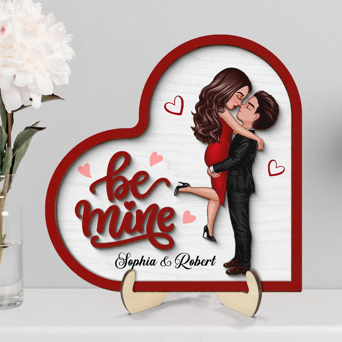 Be Mine Couple Hugging Kissing Valentine‘s Day Gift For Her Personalized 2-Layer Wooden Plaque - Image 2