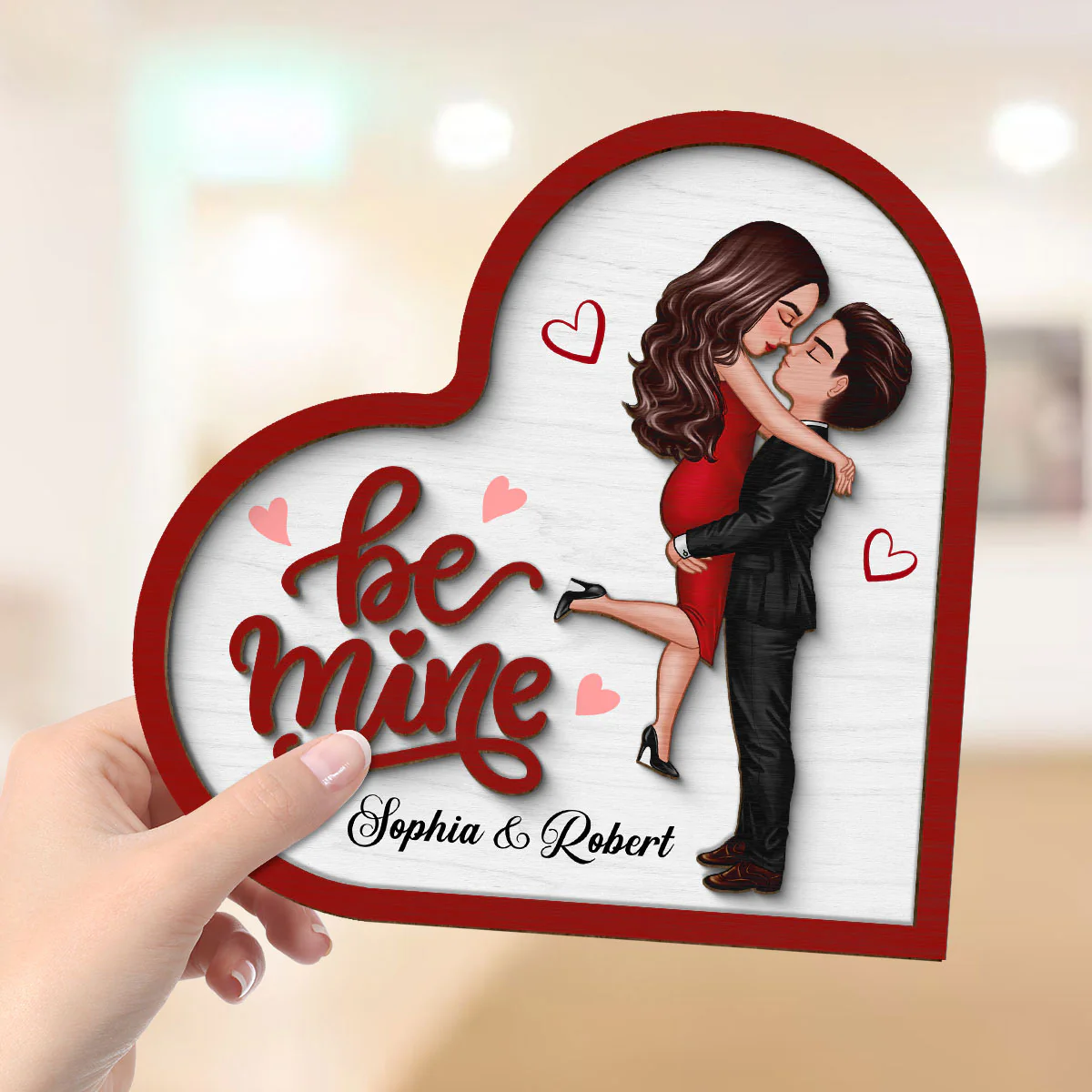 Be Mine Couple Hugging Kissing Valentine‘s Day Gift For Her Personalized 2-Layer Wooden Plaque - Image 4