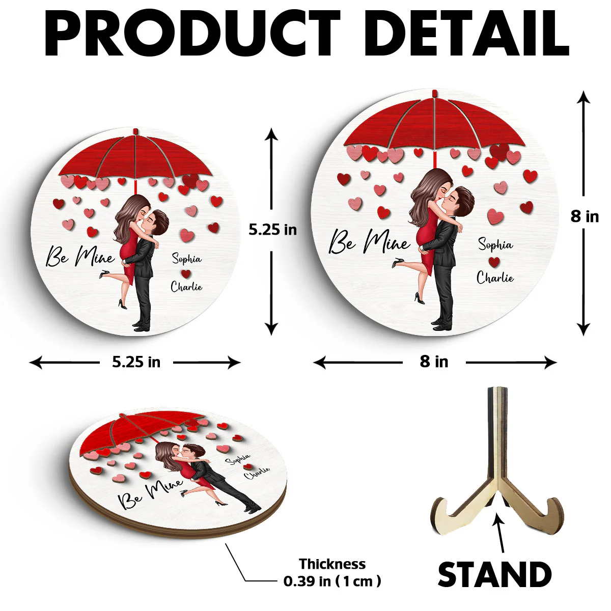 Be Mine Couple Kissing Under Umbrella Personalized 2-layer Wooden Plaque - Image 6