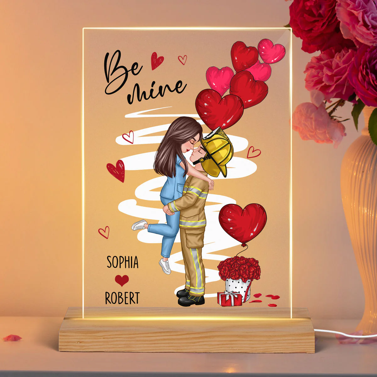 Be Mine Couple Valentine‘s Day Gifts by Occupation Gift For Her Gift For Him Firefighter, Nurse, Police Officer Personalized Acrylic Plaque Warm LED Night Light