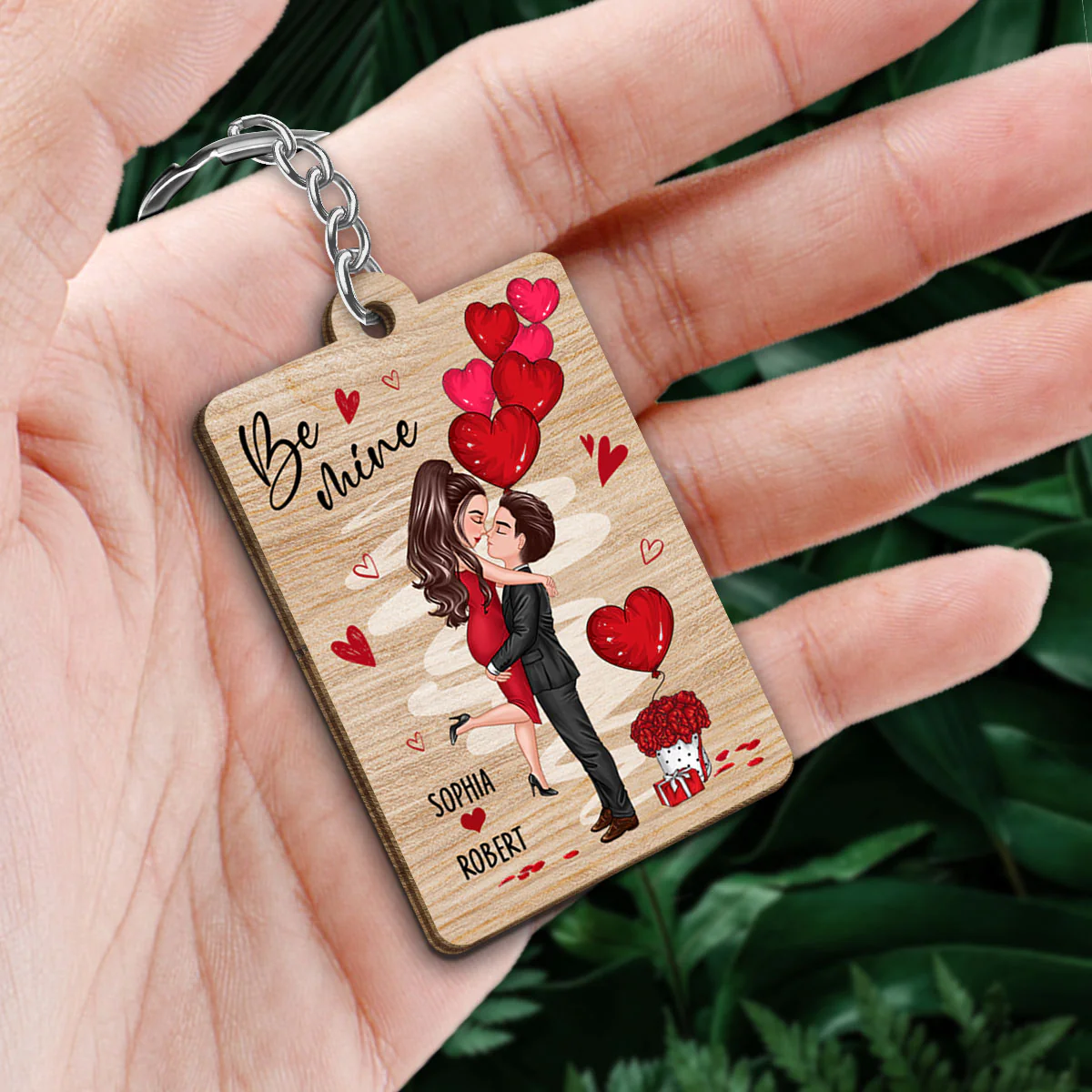 Be Mine Doll Couple Hugging Kissing Favorite Song QR Code Personalized Wooden Keychain - Image 2