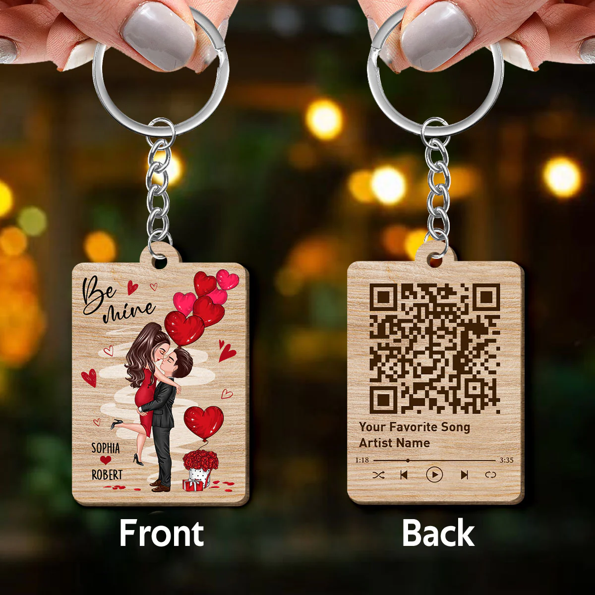 Be Mine Doll Couple Hugging Kissing Favorite Song QR Code Personalized Wooden Keychain - Image 3