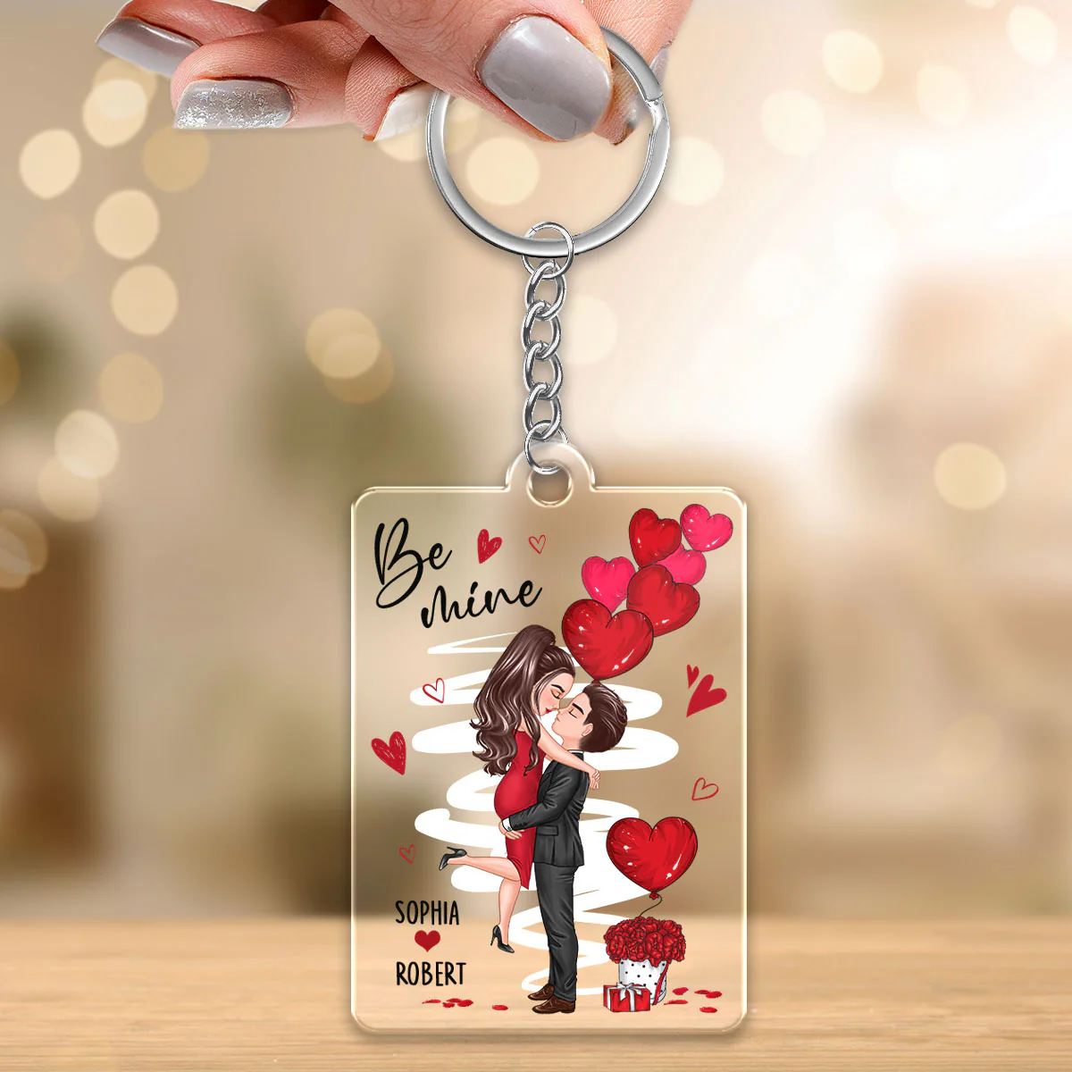 Be Mine Doll Couple Hugging Kissing Personalized Acrylic Keychain - Image 3