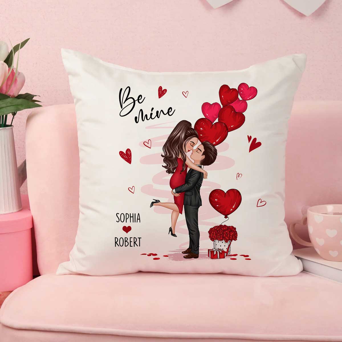 Be Mine Doll Couple Hugging Kissing Personalized Pillow - Gift For Him Gift For Her - Image 2