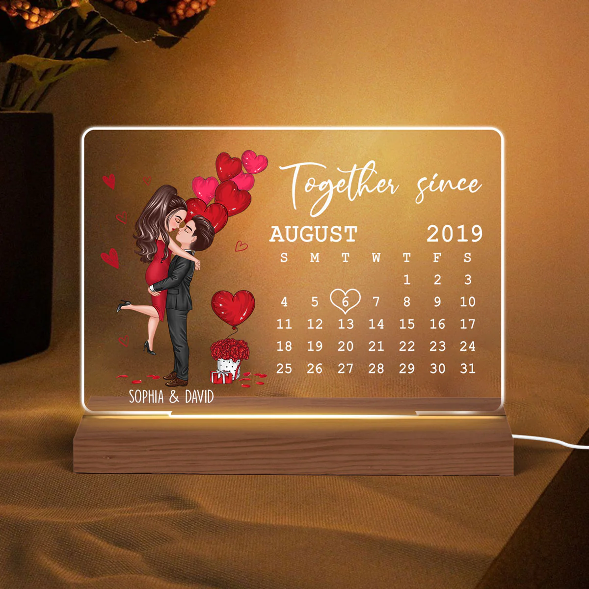 Be Mine Doll Couple Kissing Calendar Personalized Custom Shape LED Night Light - Image 2