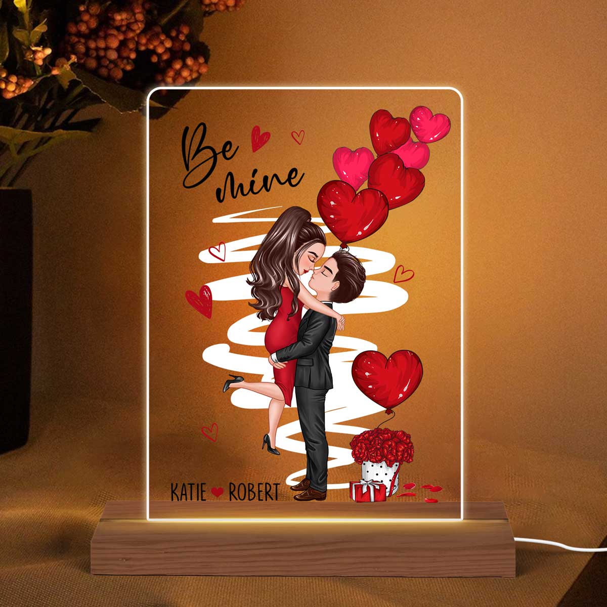Be Mine Doll Couple Kissing Personalized 7 Colors Plaque LED Night Light - Gift for Him, Gift for Her - Image 2