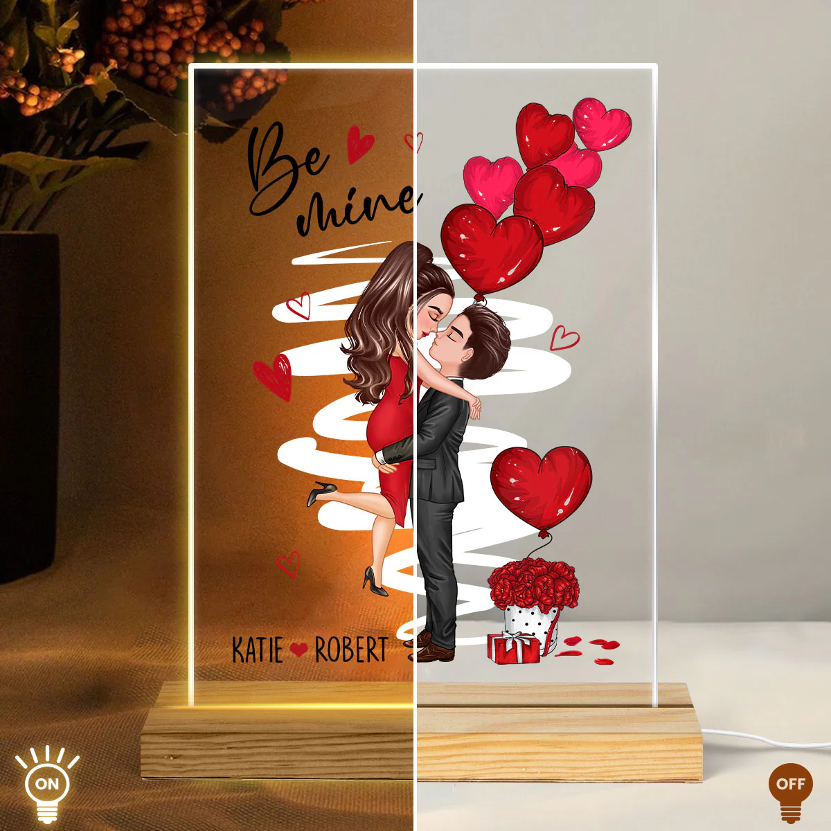 Be Mine Doll Couple Kissing - Personalized Acrylic Block Plaque LED Night Light - Anniversary Gift For Him, Gift For Her - Image 4