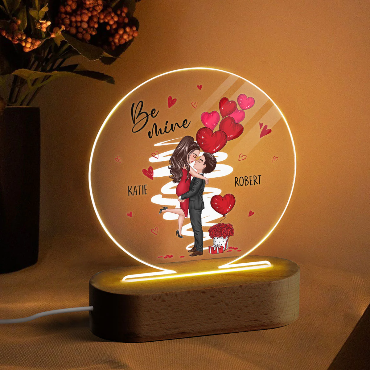Be Mine Doll Couple Kissing Personalized Circle Plaque LED Night Light - Gift For Him Gift For Her - Image 3