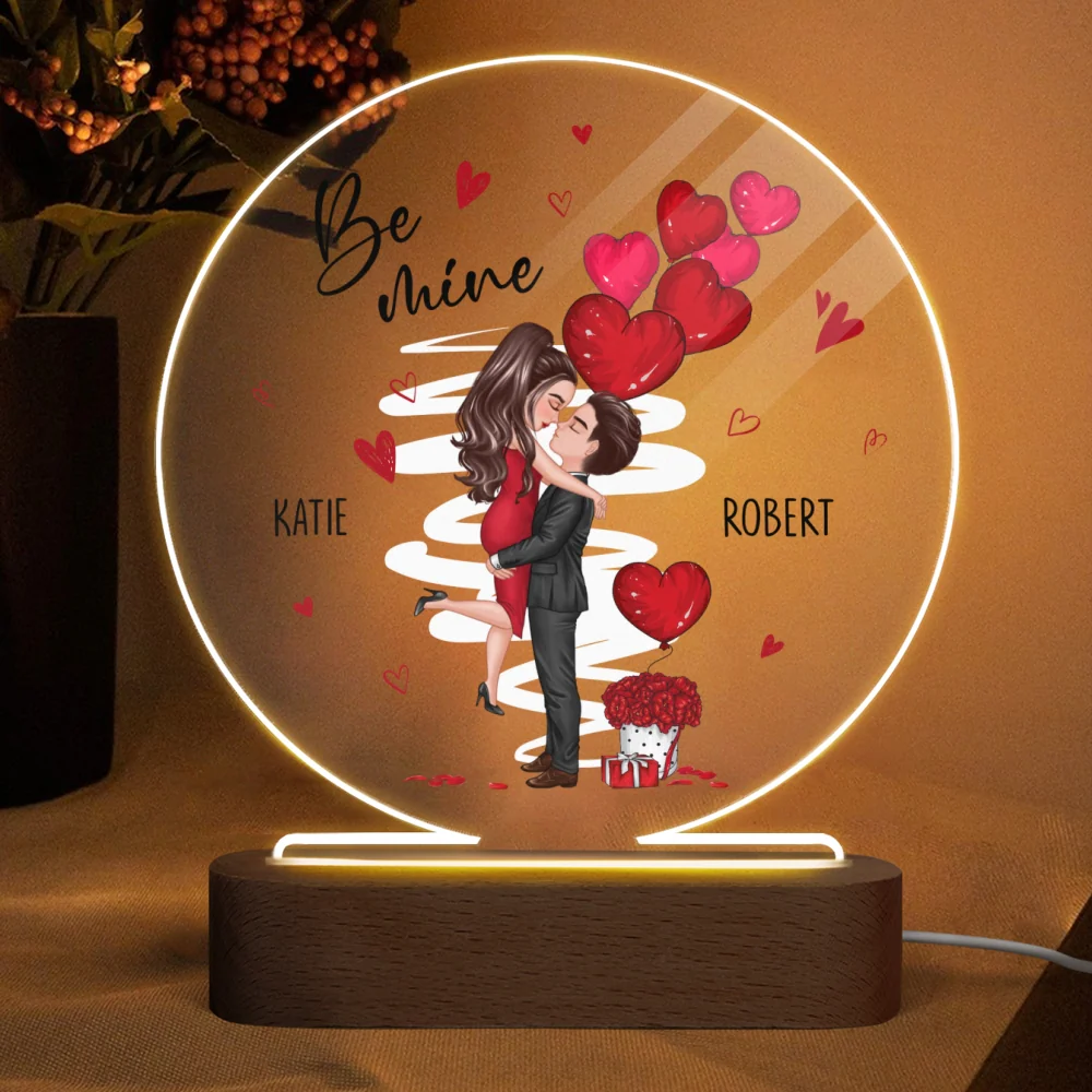 Be Mine Doll Couple Kissing Personalized Circle Plaque LED Night Light - Gift For Him Gift For Her - Image 4