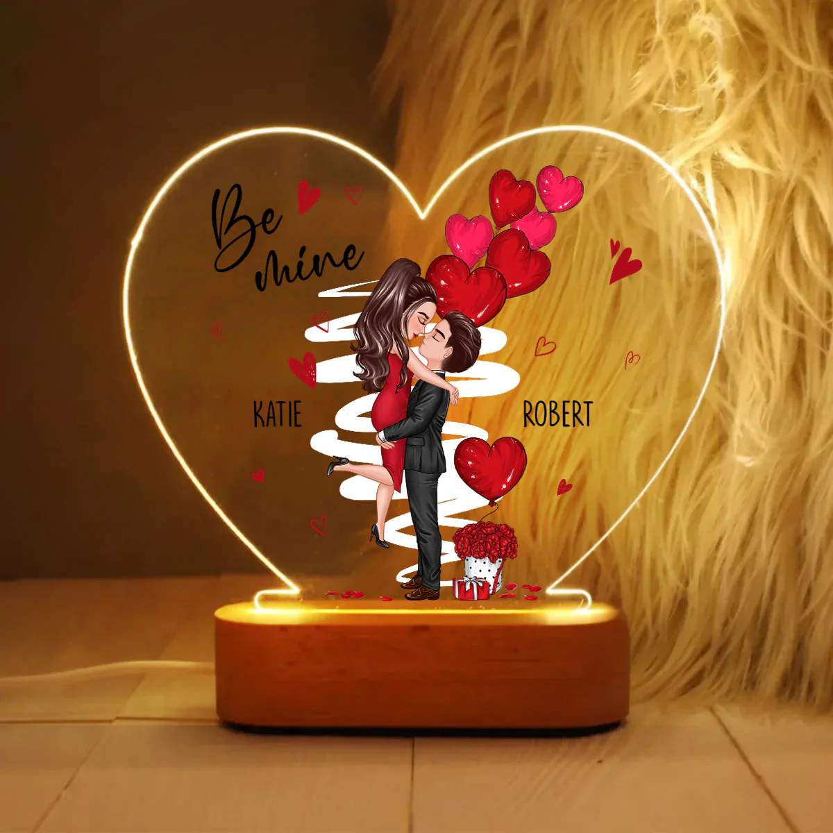 Be Mine Doll Couple Kissing Personalized Heart Plaque LED Night Light - Gift For Him Gift For Her - Image 2