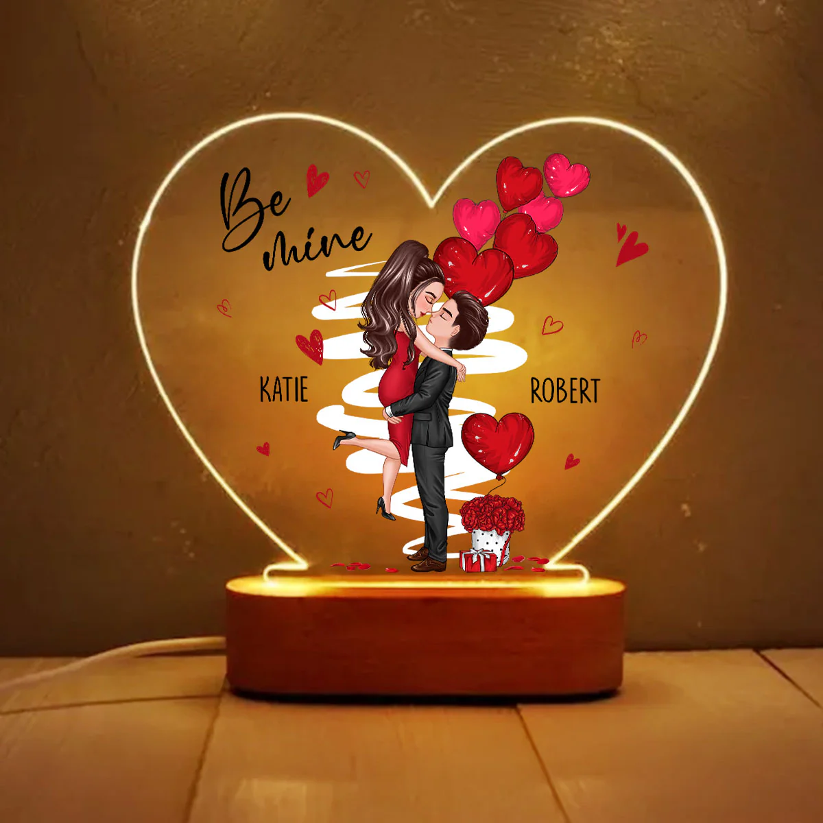 Be Mine Doll Couple Kissing Personalized Heart Plaque LED Night Light - Gift For Him Gift For Her - Image 6