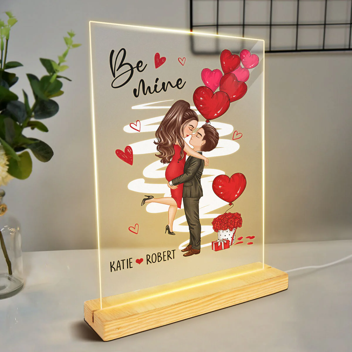 Be Mine Doll Couple Kissing Personalized Plaque LED Night Light - Image 3