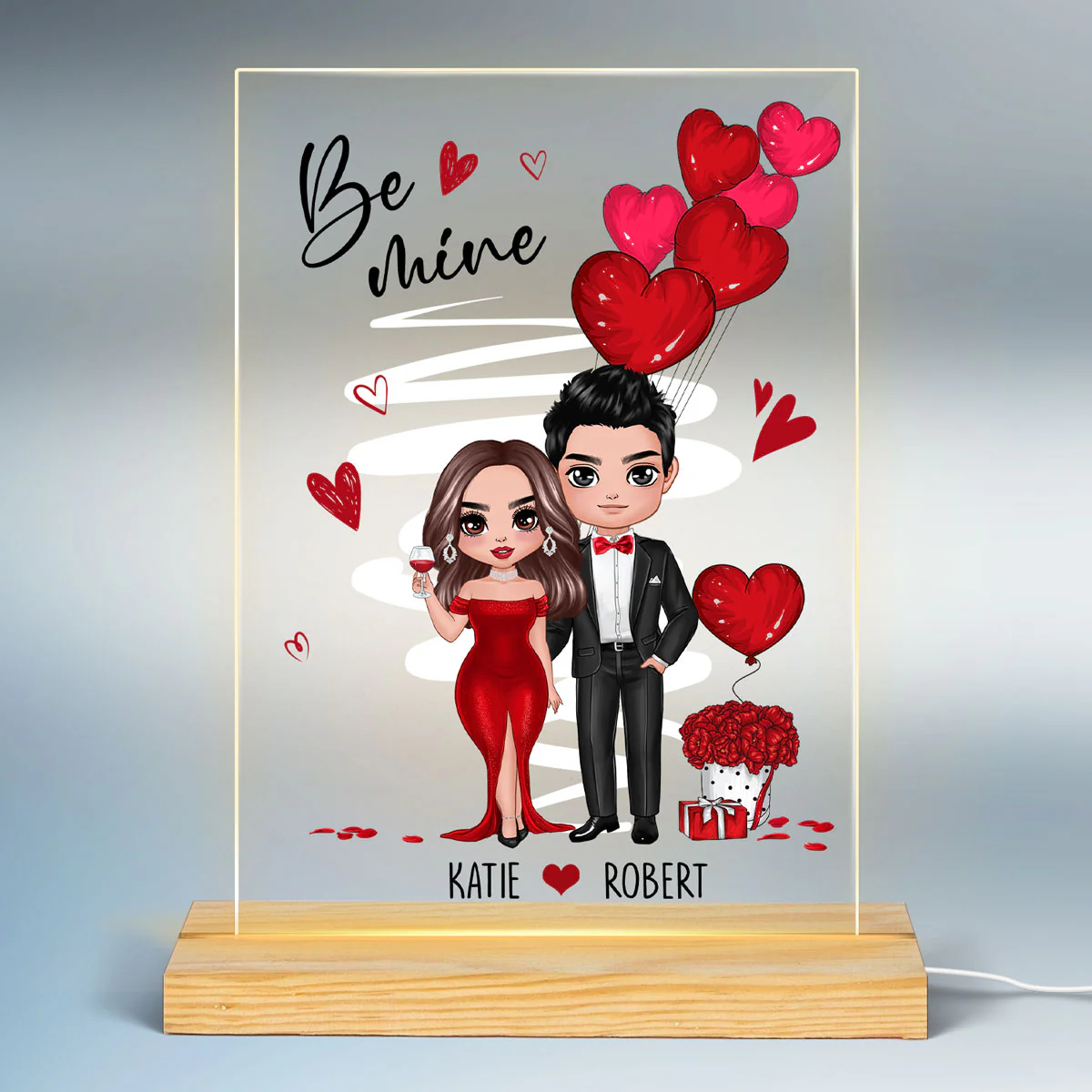 Be Mine Doll Dressed Up Couple Personalized Plaque LED Night Light - Gift For Him Gift For Her - Image 2
