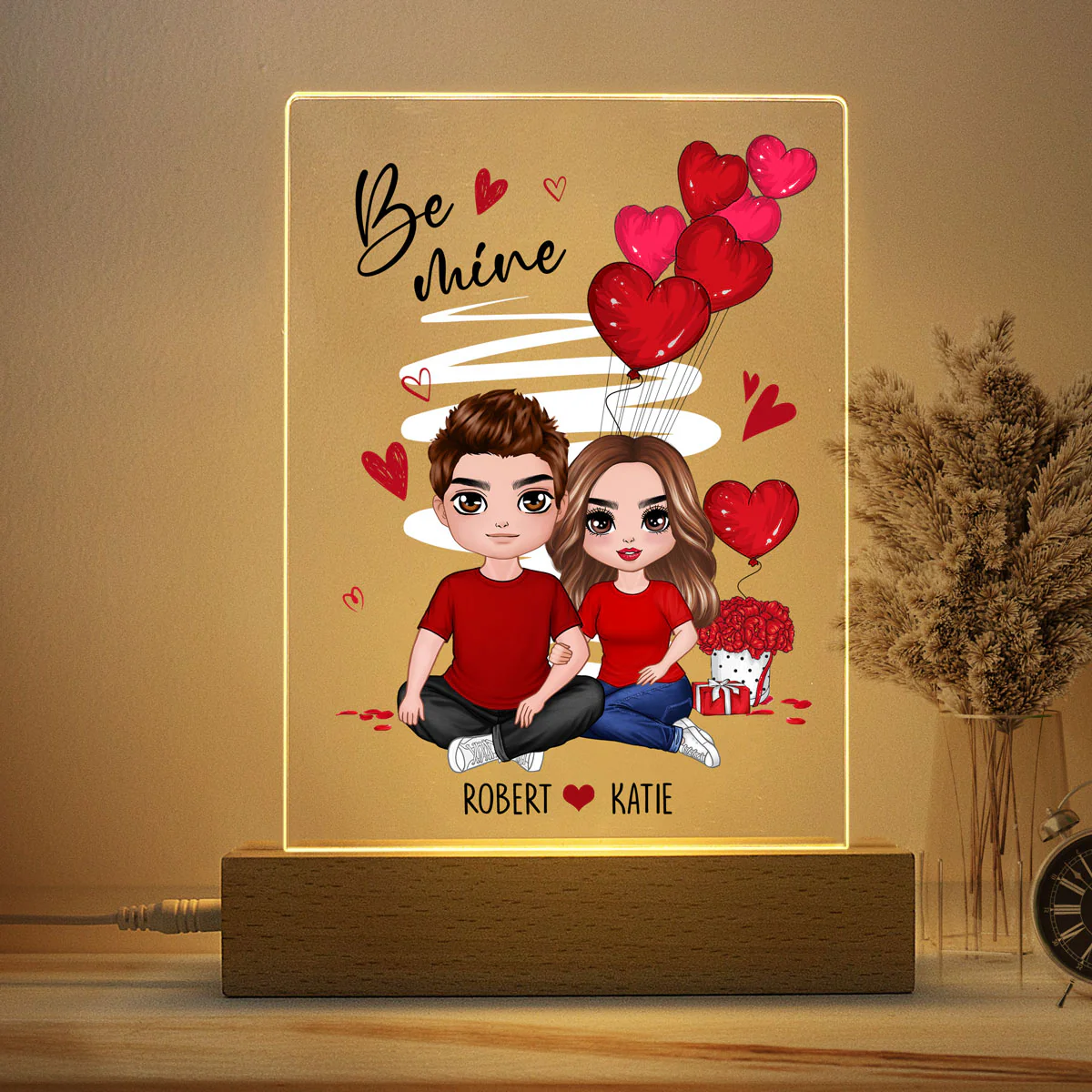 Be Mine Embracing Doll Couple Personalized Plaque Led Nigh Light - Gift For Him Gift For Her