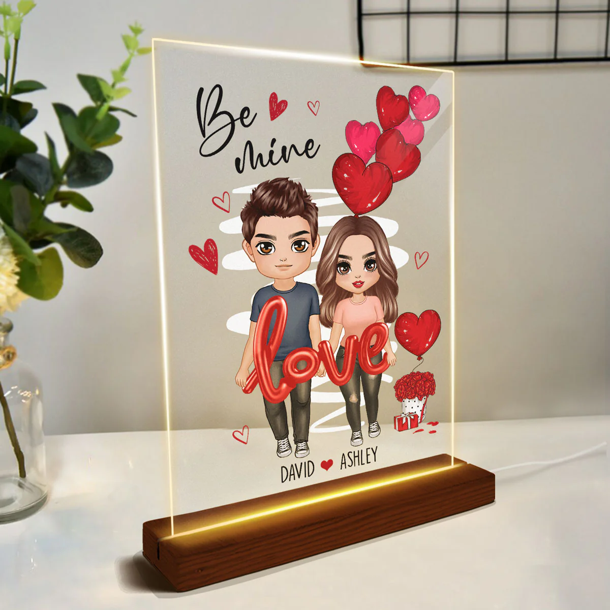 Be Mine Love Balloon Couple Personalized Plaque LED Night Light - Gift For Him Gift For Her - Image 3