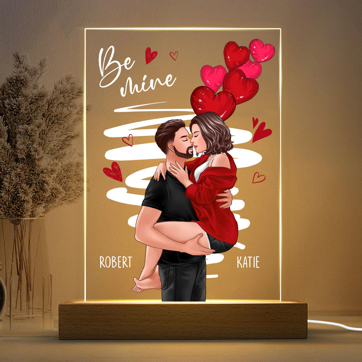Be Mine Man Holding Woman Kissing Gift For Her Personalized Acrylic Plaque With LED Night Light - Image 3