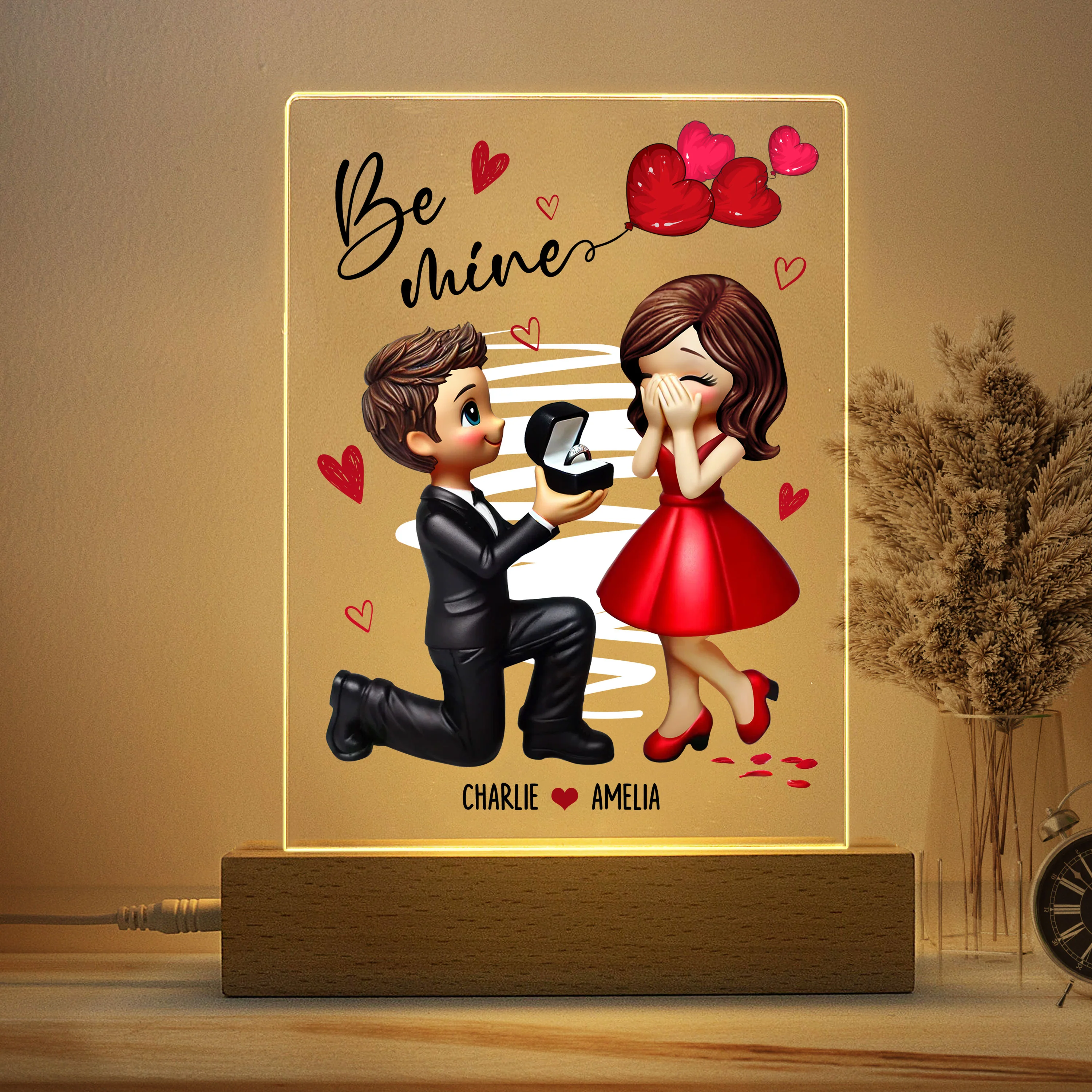 Be Mine Marriage Proposal Couple Personalized LED Night Light, Just Engaged Gifts for Couples