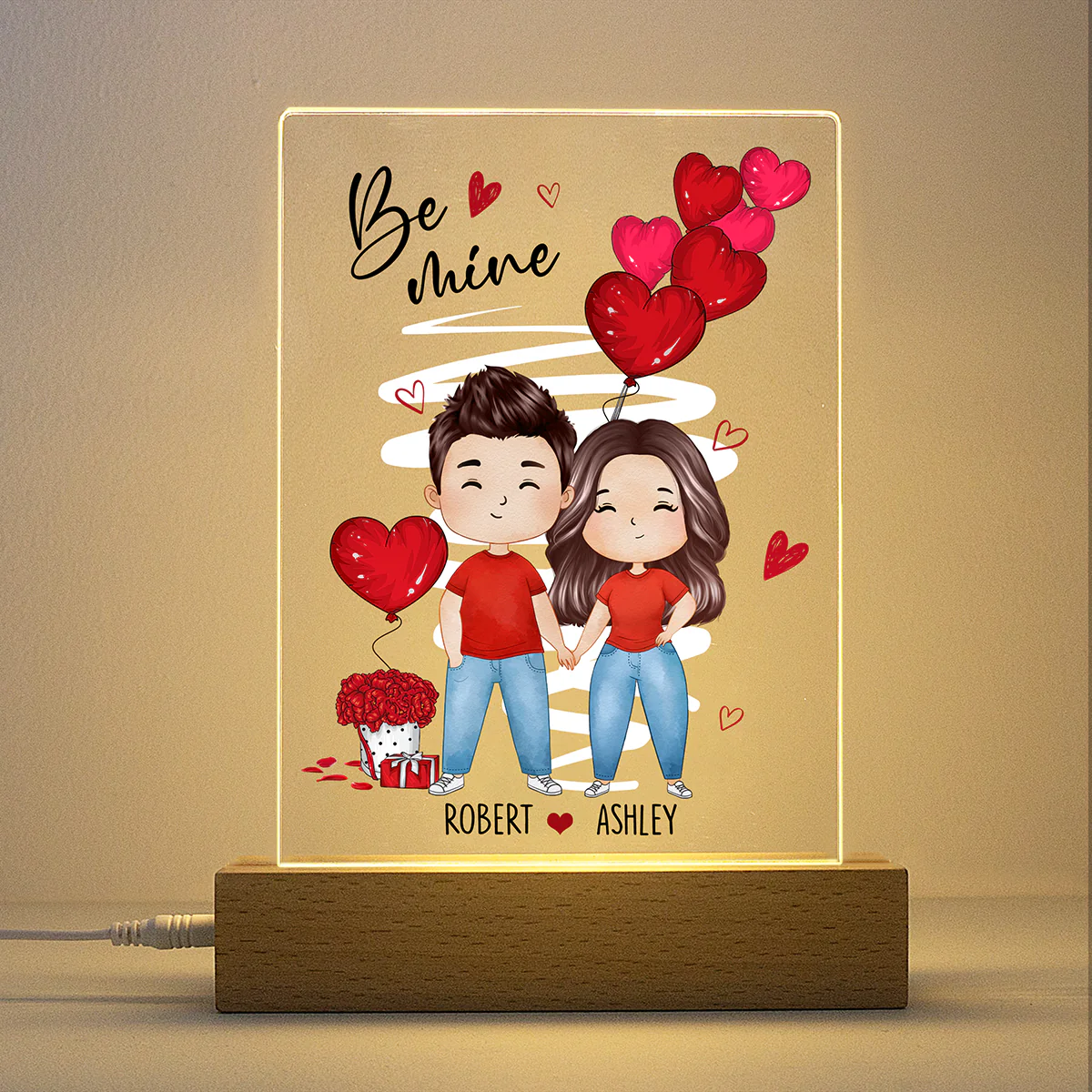 Be Mine Watercolor Couple Personalized Plaque LED Night Light - Gift For Him Gift For Her