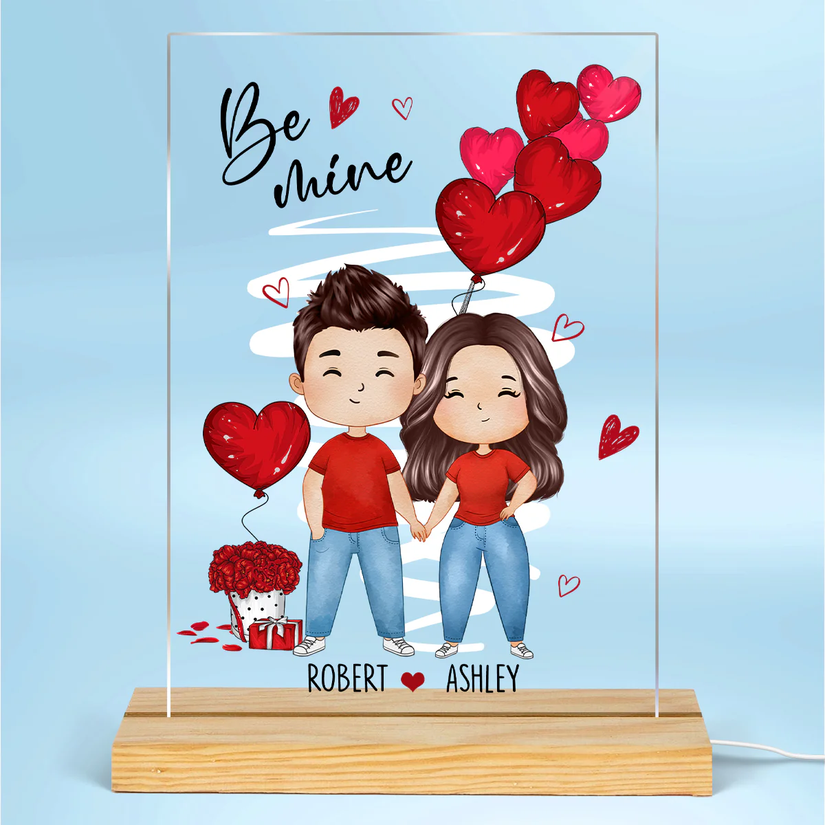 Be Mine Watercolor Couple Personalized Plaque LED Night Light - Gift For Him Gift For Her - Image 2