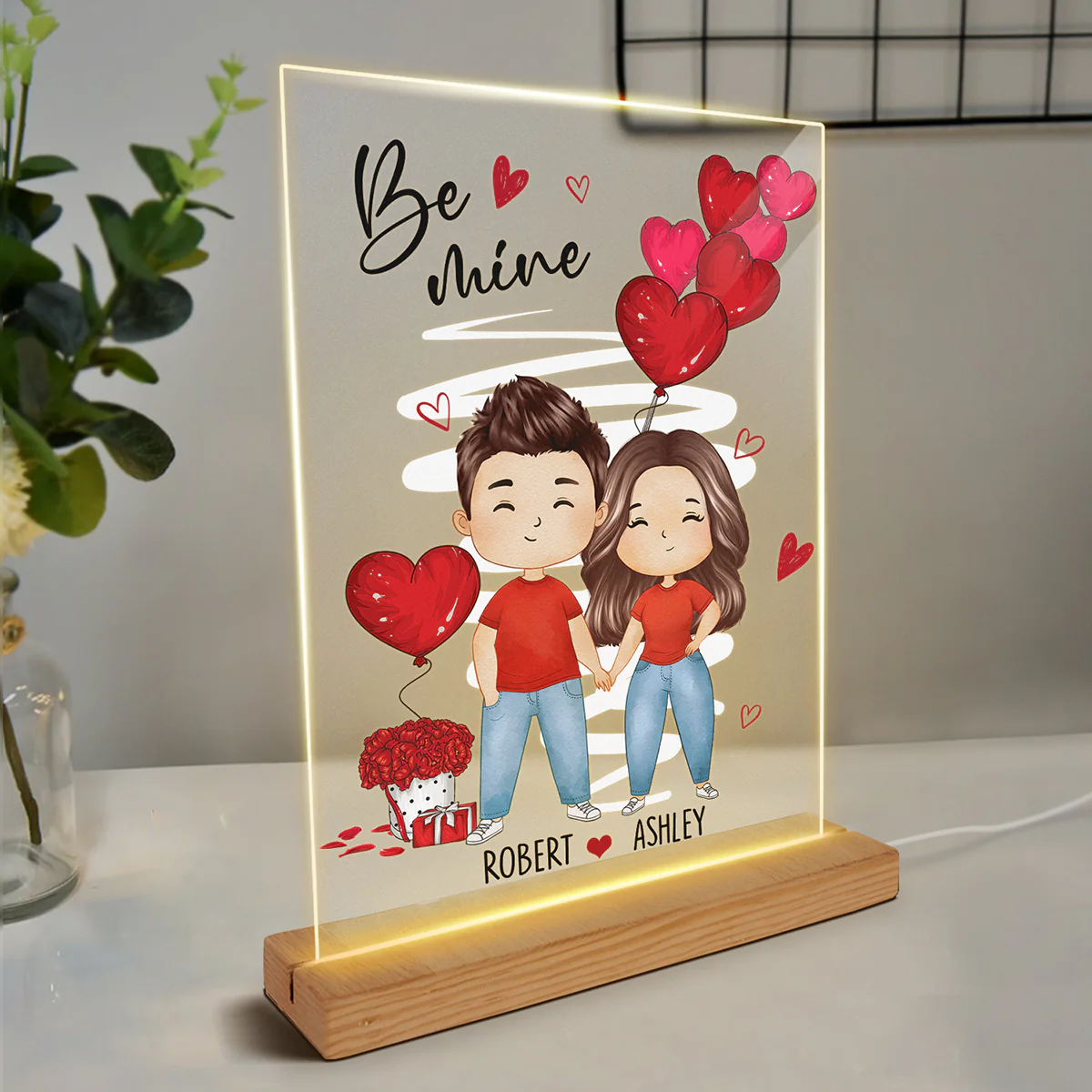 Be Mine Watercolor Couple Personalized Plaque LED Night Light - Gift For Him Gift For Her - Image 3