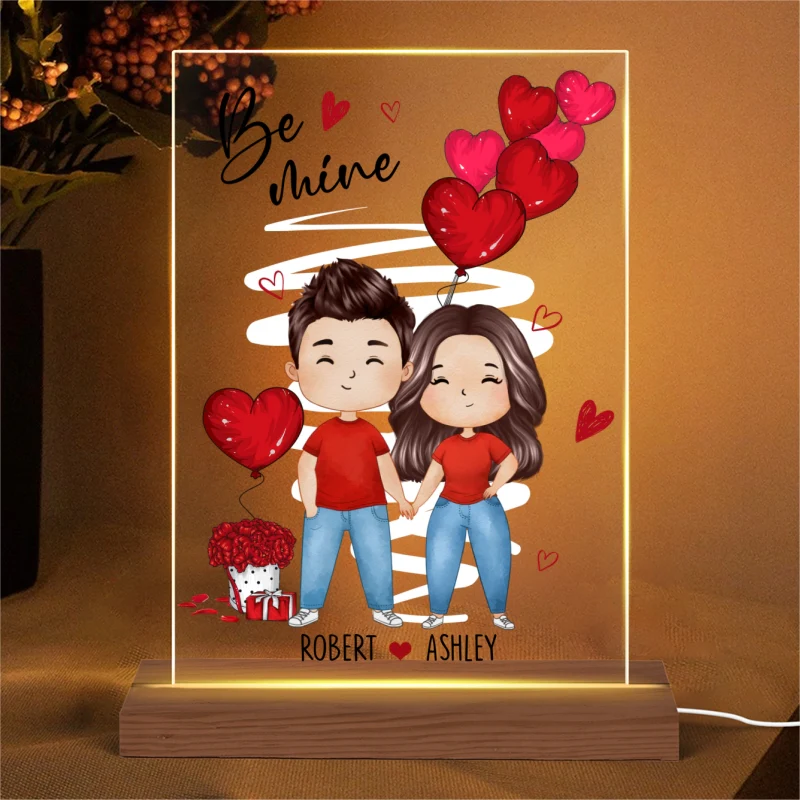 Be Mine Watercolor Couple Personalized Plaque LED Night Light - Gift For Him Gift For Her - Image 4