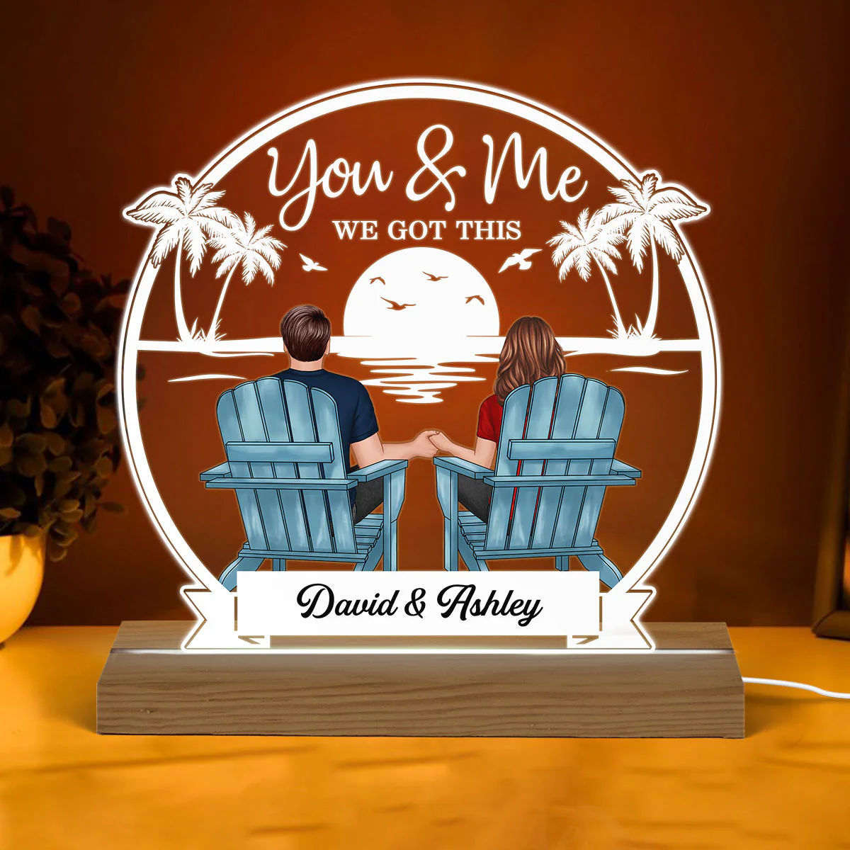 Beach Landscape Back View Couple Sitting Personalized Custom Shape Acrylic Plaque Warm LED Night Light - Image 2