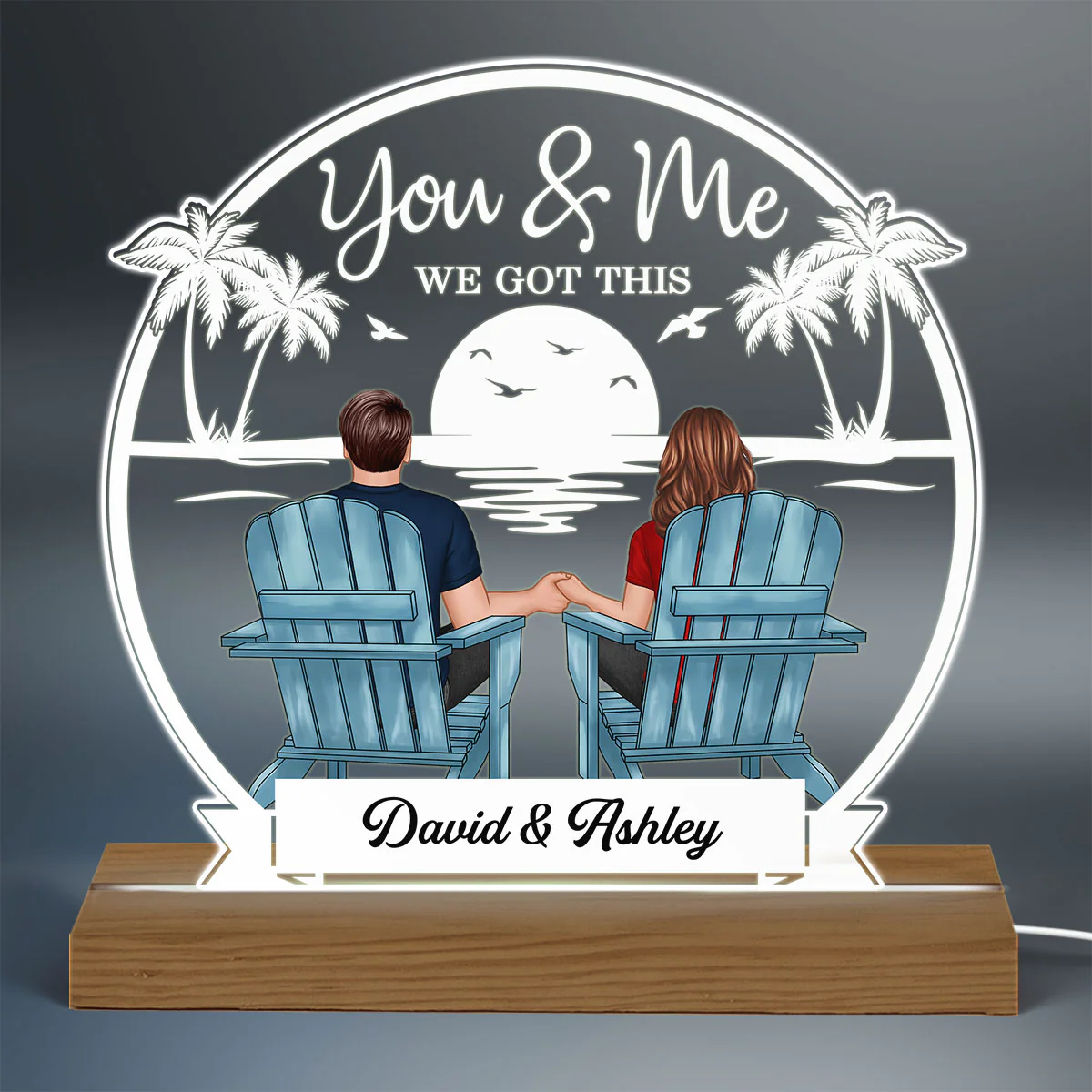 Beach Landscape Back View Couple Sitting Personalized Custom Shape Acrylic Plaque Warm LED Night Light - Image 3