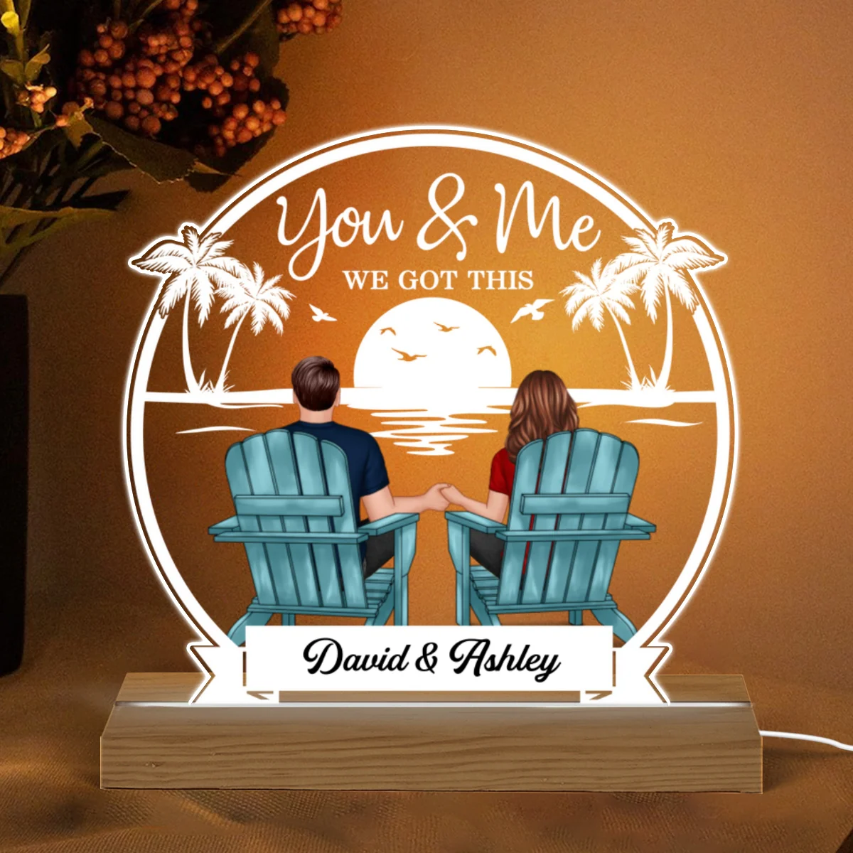 Beach Landscape Back View Couple Sitting Personalized Custom Shape Acrylic Plaque Warm LED Night Light - Image 4