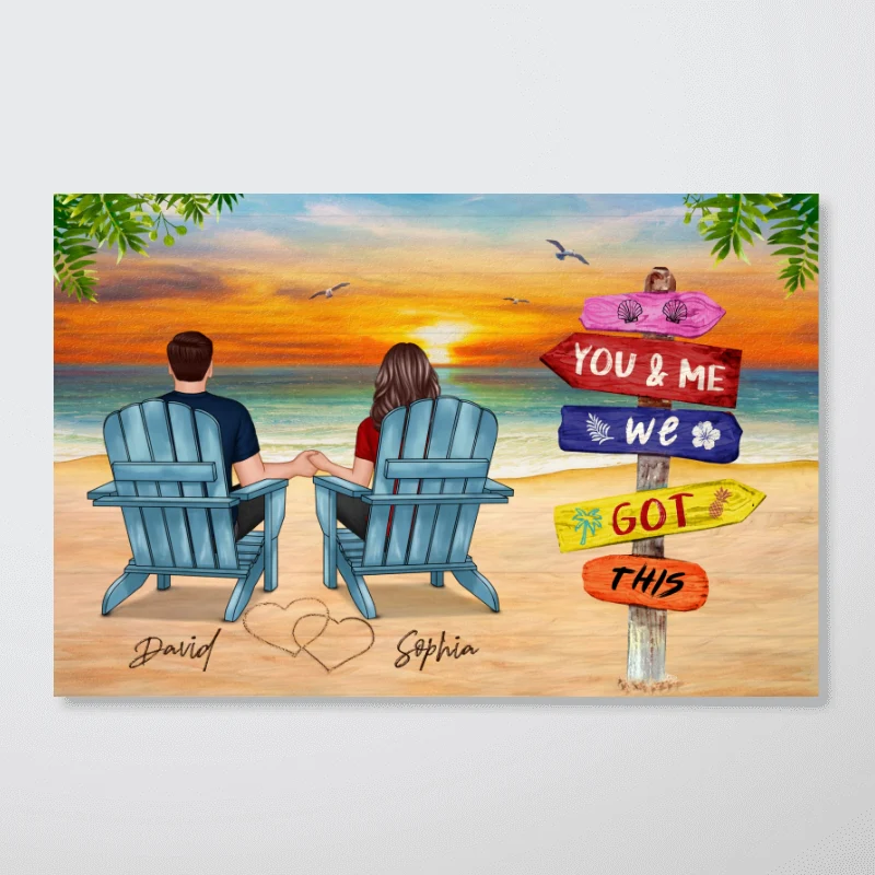 Beach Landscape Back View Couple Sitting Personalized Horizontal Poster - Image 3