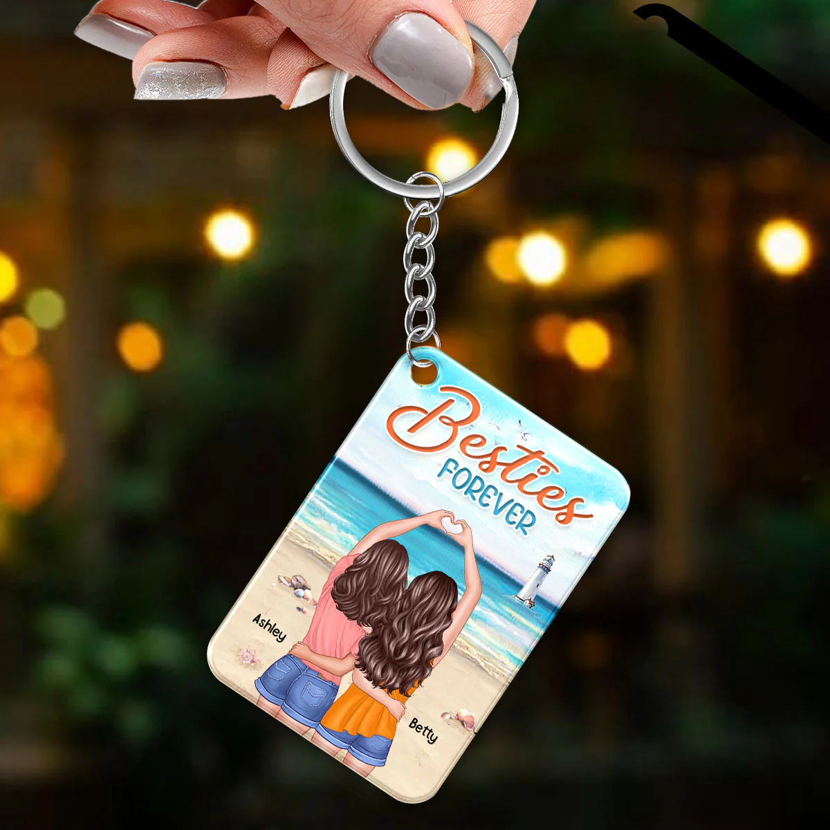 Beach Landscape Back View Heart Hands Besties Forever Personalized Acrylic Keychain - Image 3