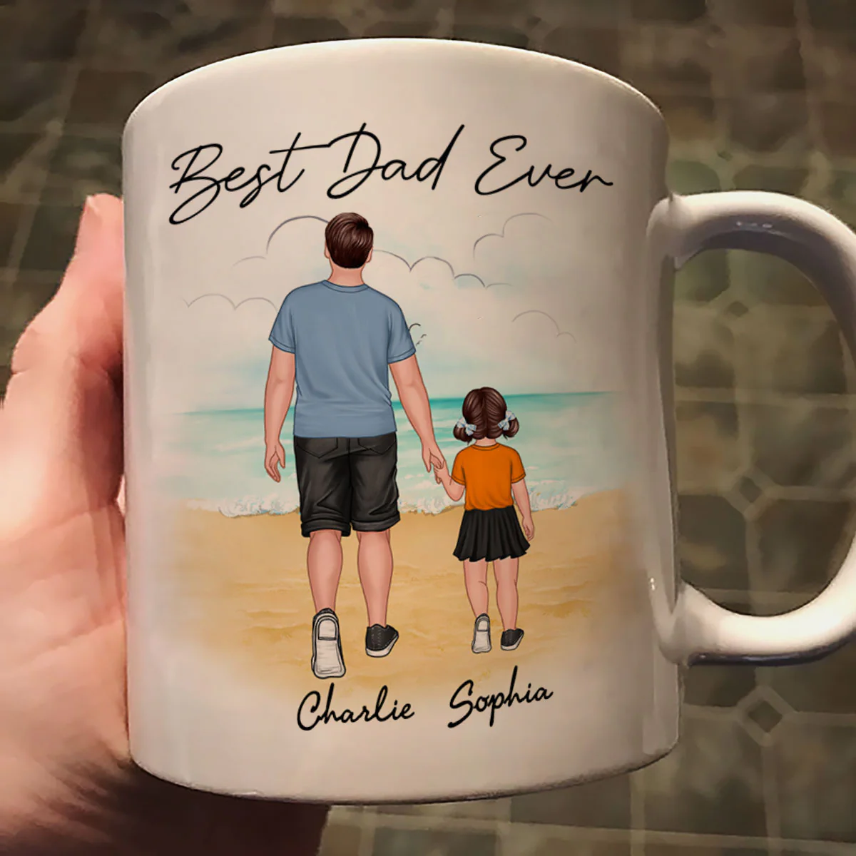 Beach Landscape Best Dad Ever Dad And Son Daughter Walking Personalized Mug - Image 2