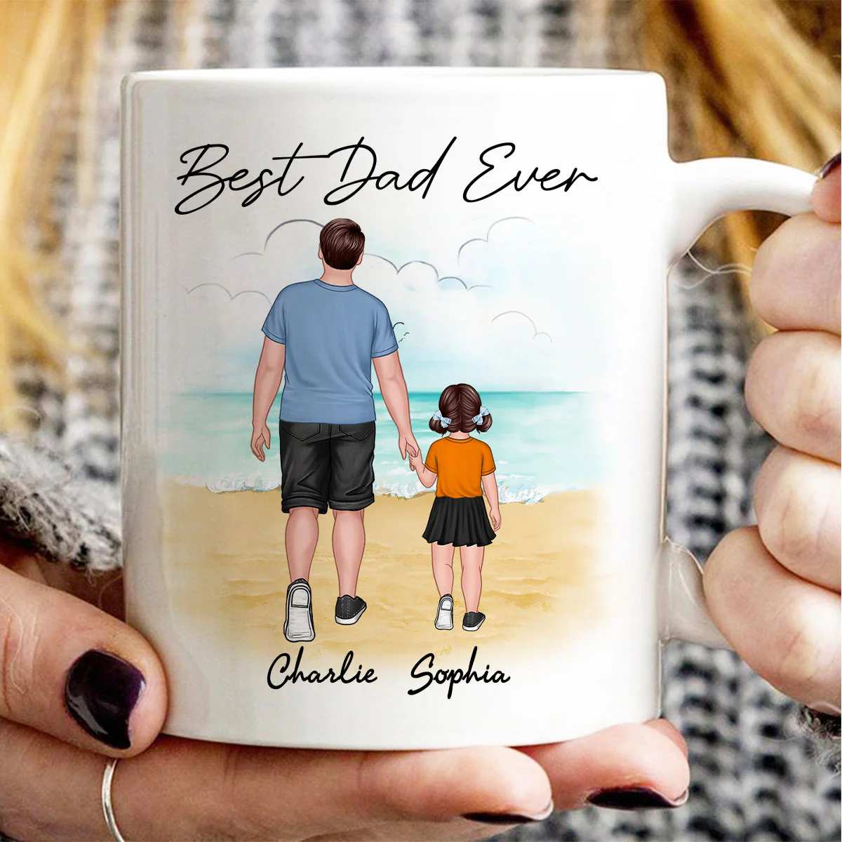 Beach Landscape Best Dad Ever Dad And Son Daughter Walking Personalized Mug - Image 3