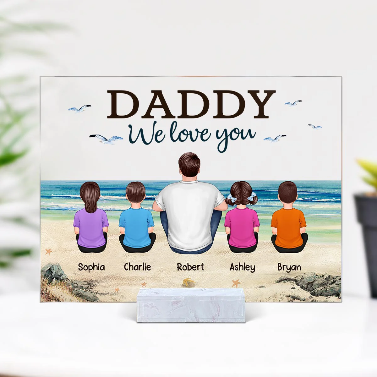 Beach Landscape Dad Grandpa We Love You Back View Dad And Kids Dogs Cats Sitting Personalized Acrylic Plaque