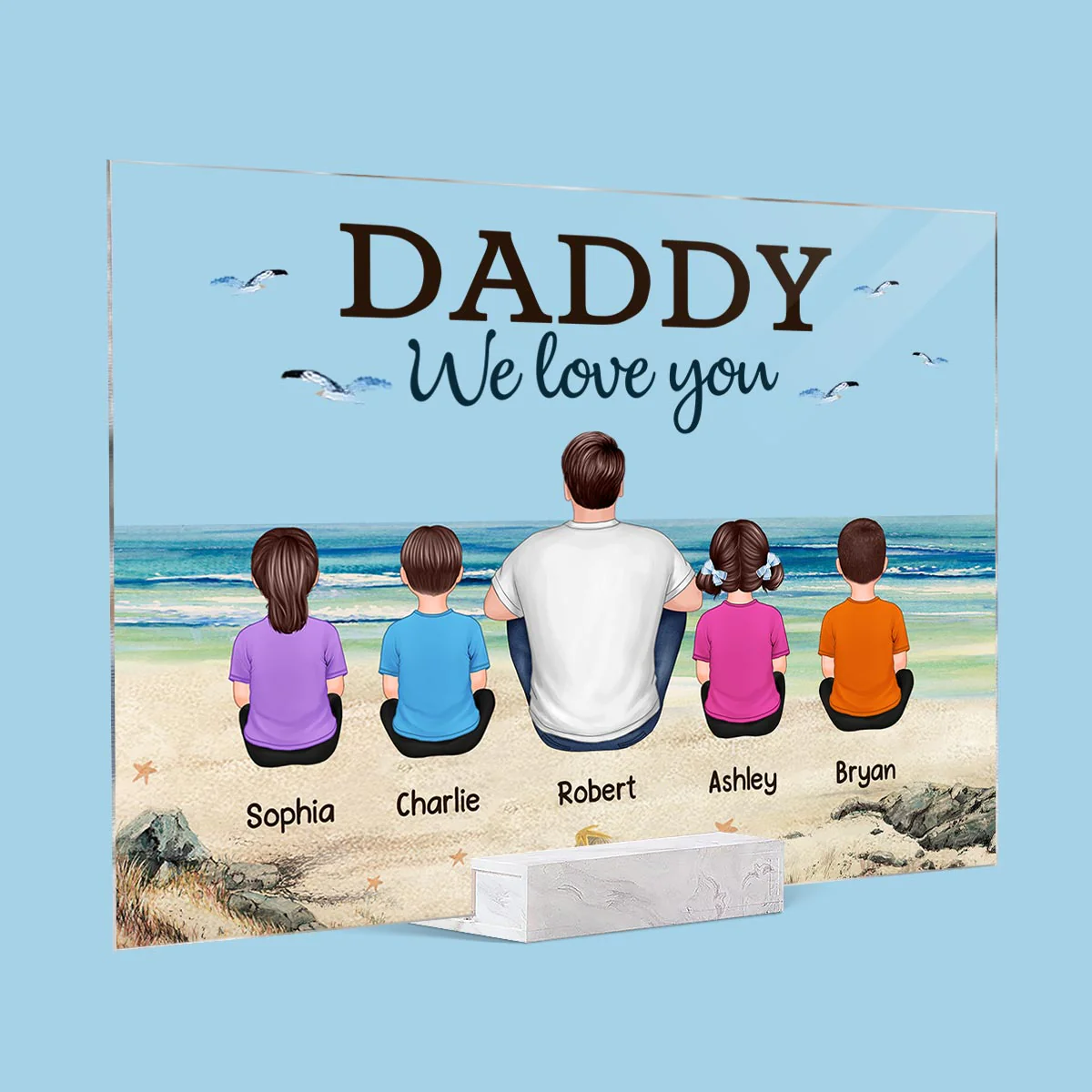 Beach Landscape Dad Grandpa We Love You Back View Dad And Kids Dogs Cats Sitting Personalized Acrylic Plaque - Image 2
