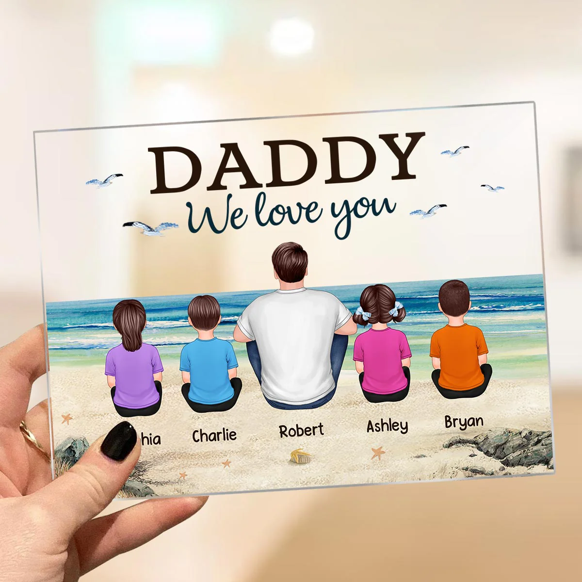 Beach Landscape Dad Grandpa We Love You Back View Dad And Kids Dogs Cats Sitting Personalized Acrylic Plaque - Image 3