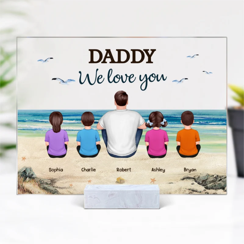 Beach Landscape Dad Grandpa We Love You Back View Dad And Kids Dogs Cats Sitting Personalized Acrylic Plaque - Image 4