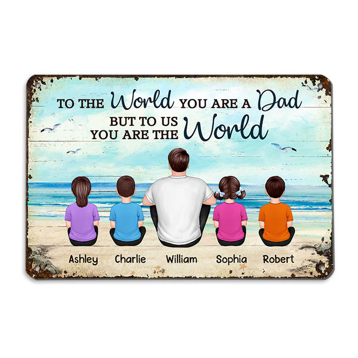 Beach Landscape Dad Grandpa We Love You Back View Dad And Kids Dogs Cats Sitting Personalized Metal Sign