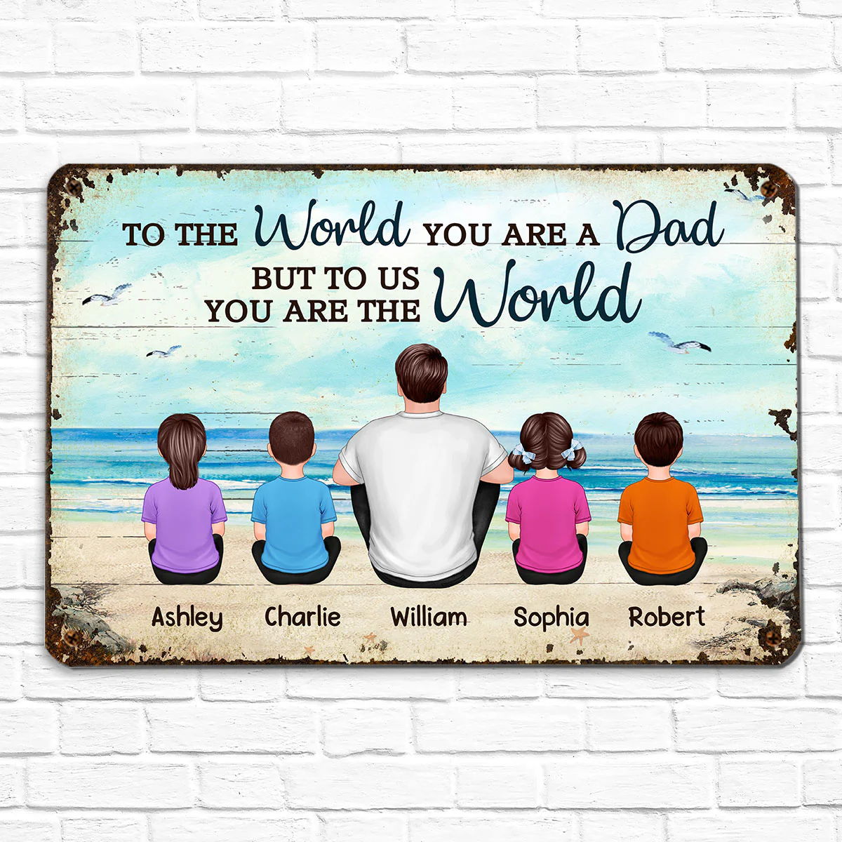 Beach Landscape Dad Grandpa We Love You Back View Dad And Kids Dogs Cats Sitting Personalized Metal Sign - Image 3